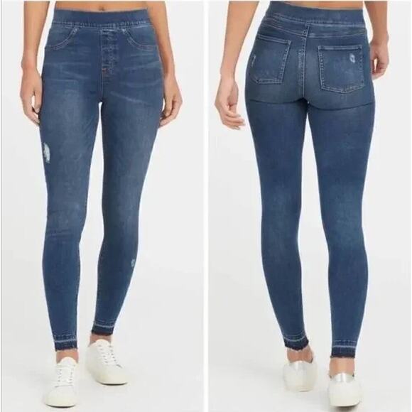Spanx Distressed Pull-On Skinny Jeans High Rise Raw Hem Medium Blue Wash, Large - Picture 1 of 11